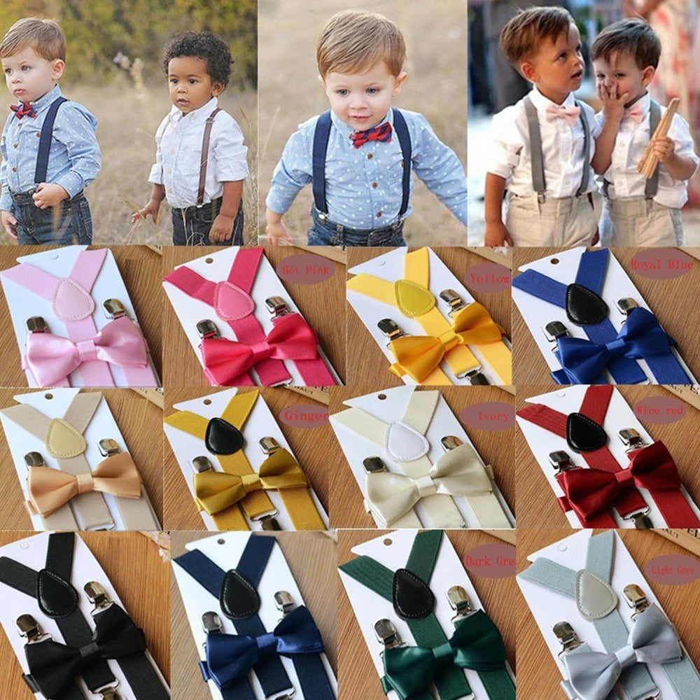 Kids Suspenders Bow Tie Set Boy Girl Retro Adjustable Suspenders Children Baby Braces Clip-on Trousers Wedding Ties Accessories