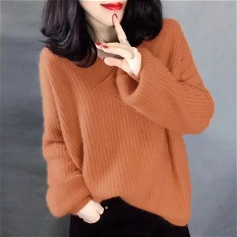 Ladies V-neck Pullover Knitted Autumn Winter Female New Solid Color Knit Coat