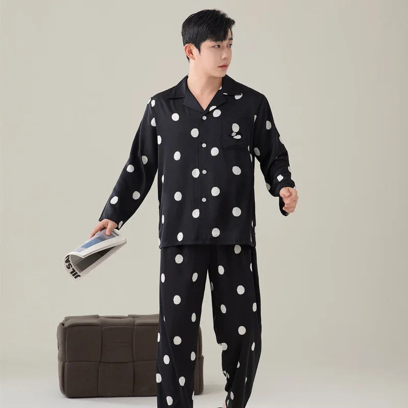 Spring Summer Couple Pajamas Set Women's Long Sleeved Home Clothes Men's Satin Black Sleepwear Loose Casual Nightwear Loungewear