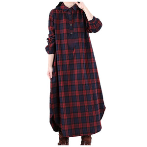 Women Autumn Checked Shirt Dress Lapel Long Sleeves