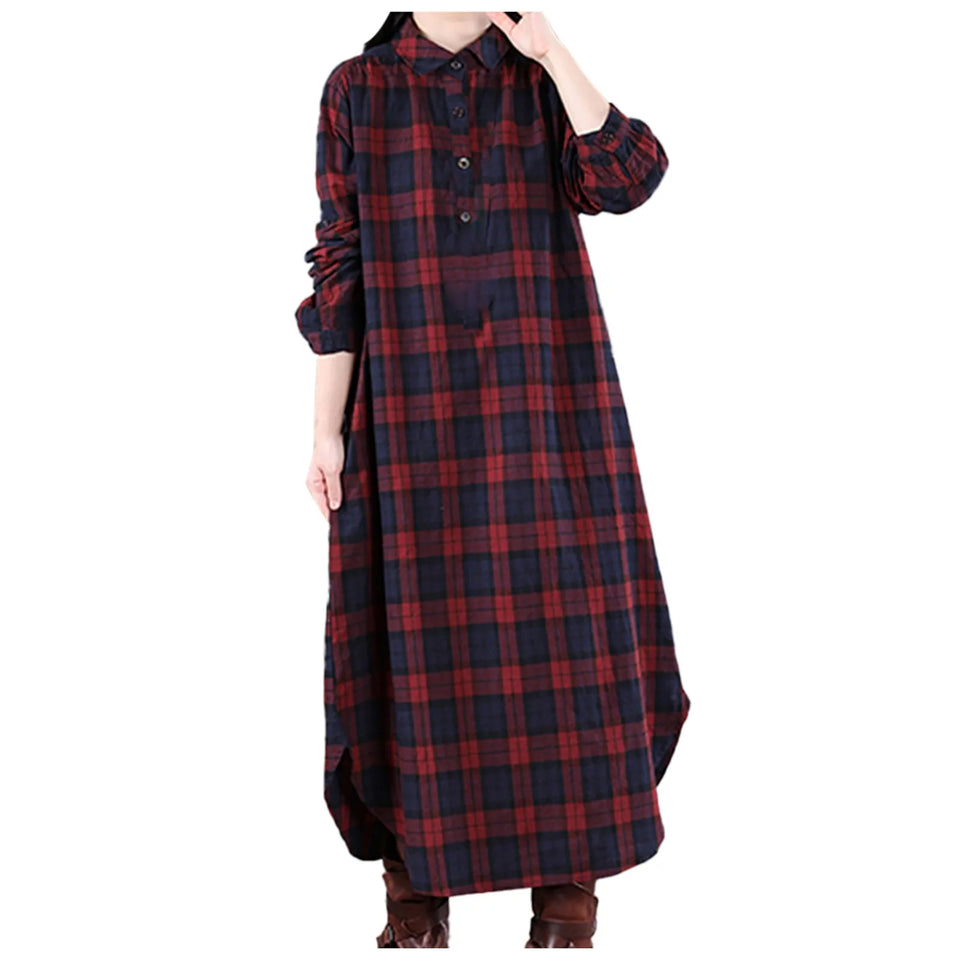 Women Autumn Checked Shirt Dress Lapel Long Sleeves