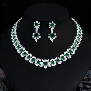 Europe and American High Quality Luxury Emerald Jewelry Sets 2 Piece Green Zircon Earring Necklace Chain Banquet Dress Accessory