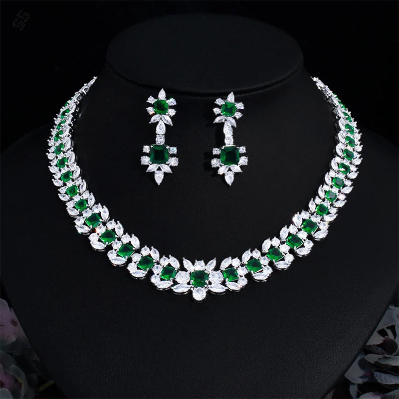 Europe and American High Quality Luxury Emerald Jewelry Sets 2 Piece Green Zircon Earring Necklace Chain Banquet Dress Accessory