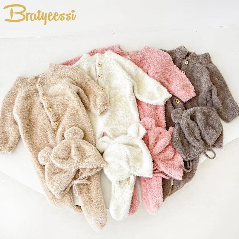 2Pcs Baby Winter Jumpsuits Hat Faux Fur Footed Newborn Romper for Girls Boys Clothes Soft Warm Toddler Outfit Set Kids Clothing