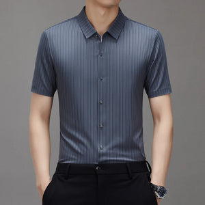 New Men's Shirt Luxury Designer Brand Ice Silk Breathable Business Casual Striped