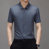 New Men's Shirt Luxury Designer Brand Ice Silk Breathable Business Casual Striped