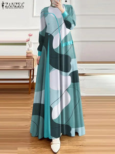 Women Fashion Printing Abaya Dress Muslim Islamic Casual Long Sleeve Long Dress