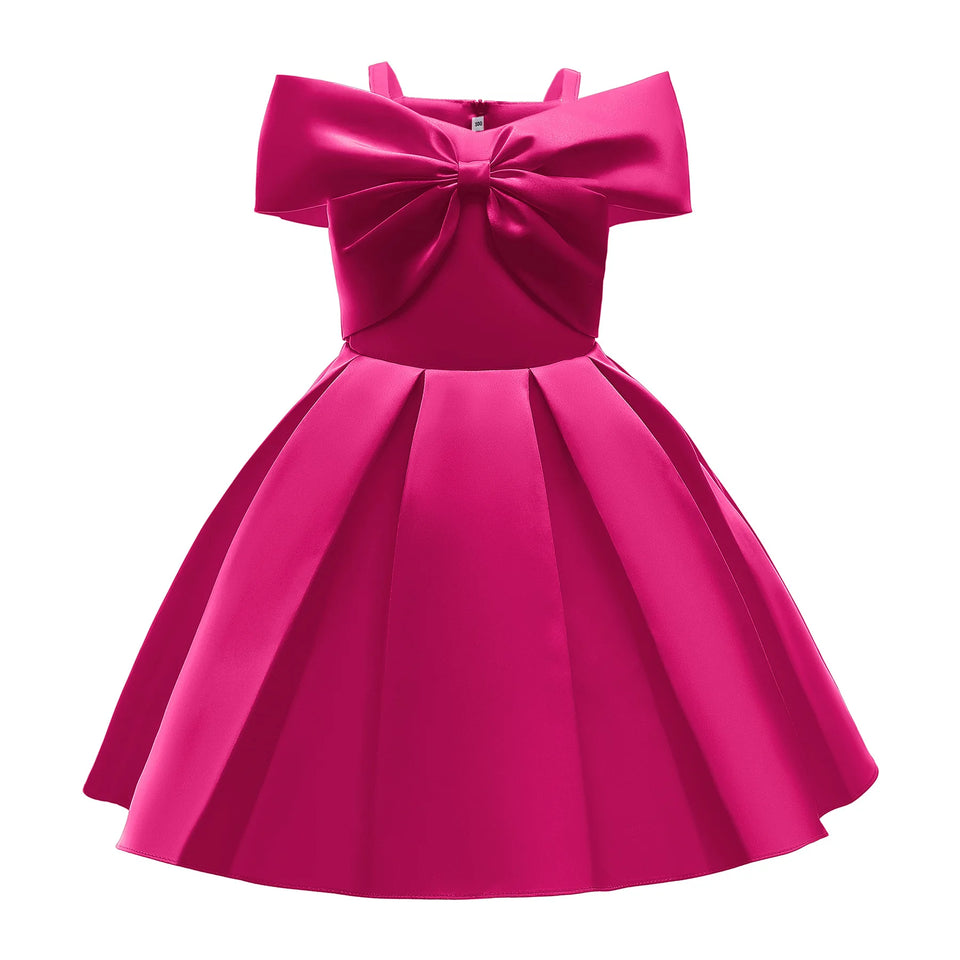 2024 New Girl Summer Solid Dress Bowknot Short Sleeve Shoulderless Children Skirts Breathable Quick Drying Casual Kids Dresses