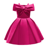 2024 New Girl Summer Solid Dress Bowknot Short Sleeve Shoulderless Children Skirts Breathable Quick Drying Casual Kids Dresses