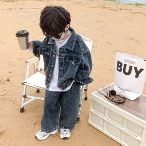 Baby Boys Jeans Sets Fashion Cool Coats Tops Wide Leg Pants 2025 Spring Autumn New Korean Style Childrens Two Piece Sets