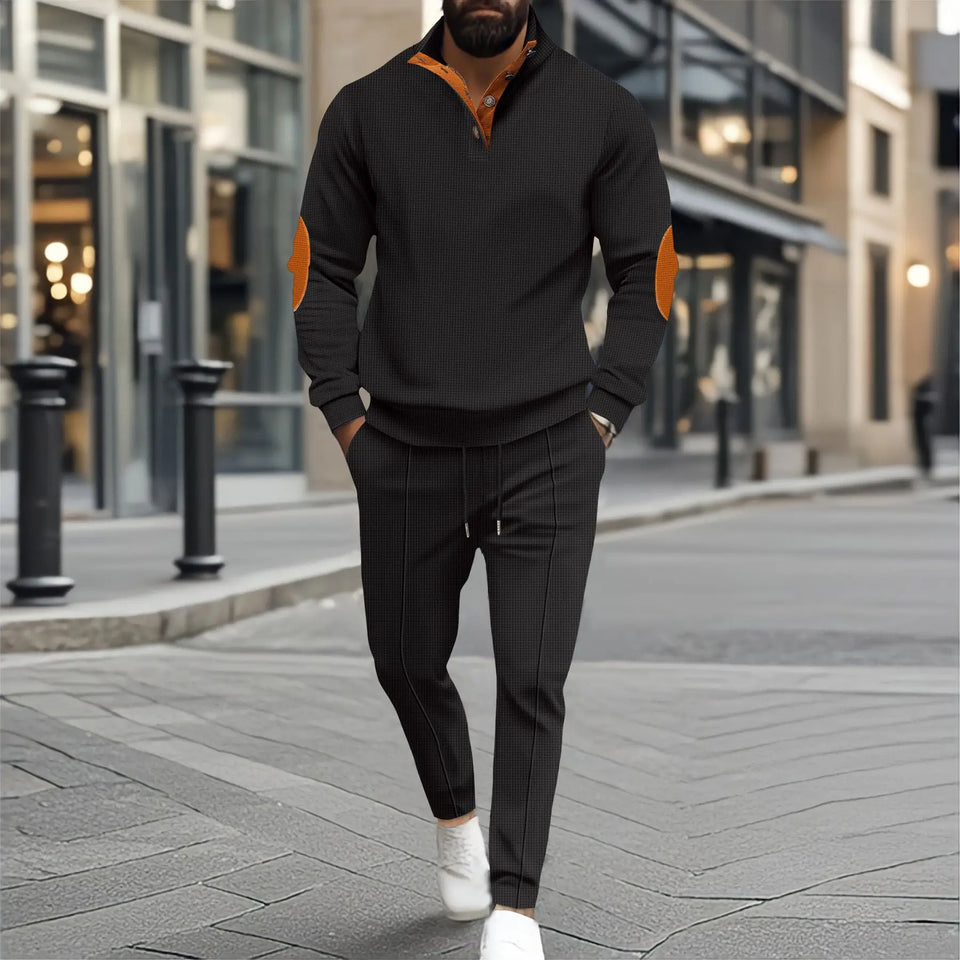 Autumn and winter new men's fashion outdoor sports half zipper Waffle casual stand collar long sleeve hoodie + trousers men's su