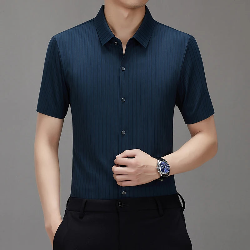 New Men's Shirt Luxury Designer Brand Ice Silk Breathable Business Casual Striped