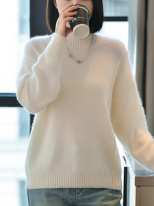 100% Pure Wool Sweater Women's Autumn/Winter Half High Collar Solid Color