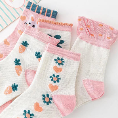 5Pairs/Lot Kids Summer Socks Cute Carrot Lace Flower Mesh Baby Girl Socks For Children Breathable Cotton Short Socks