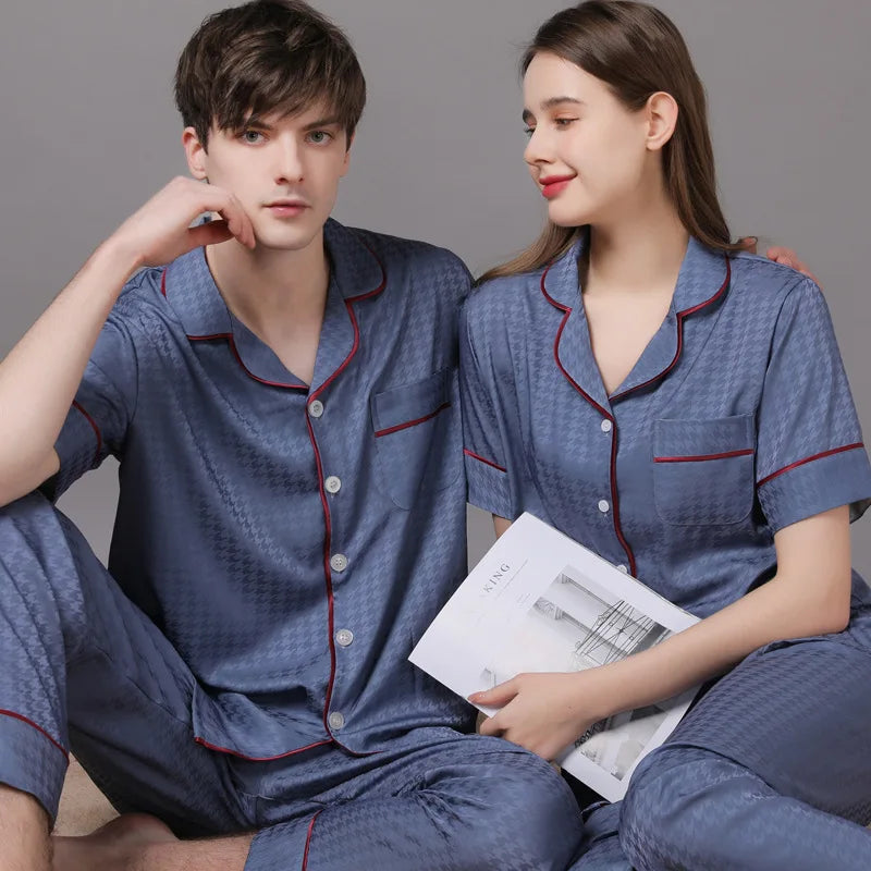 High Quality Couple Pajamas Suit Summer Short Sleeve Long Pant Home Cloth Men Ice Silk Thin Satin Large Size Sleepwear Set Women