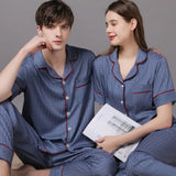 High Quality Couple Pajamas Suit Summer Short Sleeve Long Pant Home Cloth Men Ice Silk Thin Satin Large Size Sleepwear Set Women