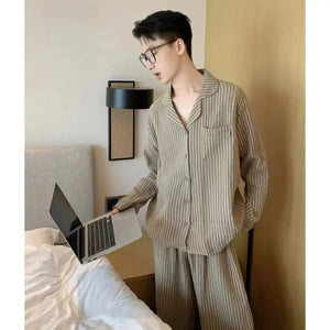 Couple Pajamas for Men Fleece Autumn Sleepwear Korean Sleeping Night Wear Striped Pijama 2 Pcs Pants Sets Pocket Home Suit 2024