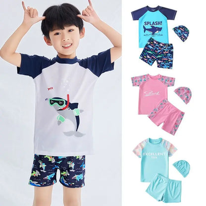 Children's Swimsuits with Swim Cap, Split Swimming Trunks, Baby's Cartoon Swimwear,