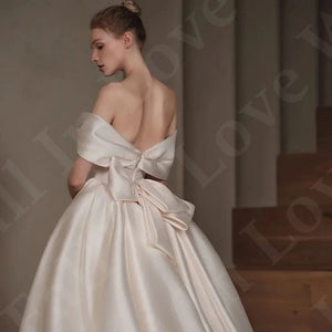 Elegant Off Shoulder Wedding Dress Boat Neck Short Sleeve  Beading Back A-Line Satin Mermaid Bridal Party dress Customized