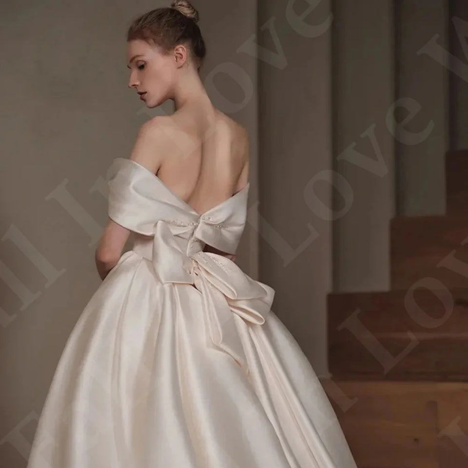 Elegant Off Shoulder Wedding Dress Boat Neck Short Sleeve  Beading Back A-Line Satin Mermaid Bridal Party dress Customized