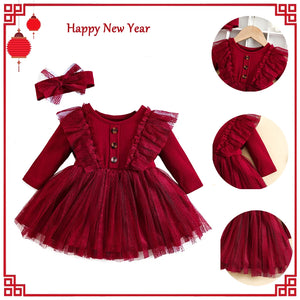Baby Girl Red Dress For New Year Spring and Autumn Baby Mesh Tutu Dress Children Casual Outfit Flower Girl Red Gown Birthday Gif