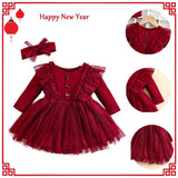 Baby Girl Red Dress For New Year Spring and Autumn Baby Mesh Tutu Dress Children Casual Outfit Flower Girl Red Gown Birthday Gif