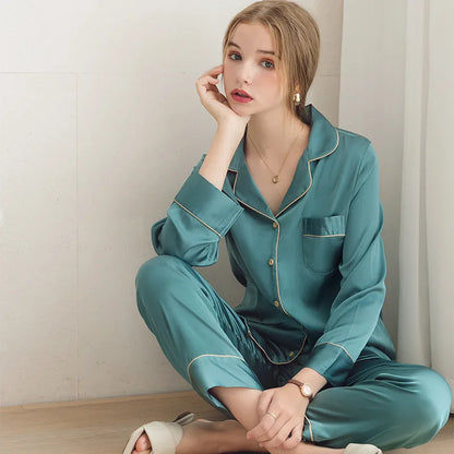 Ice Silk Couple Pajamas Men Women Summer Long Short Sleeve Cardigan Lapel Suit T