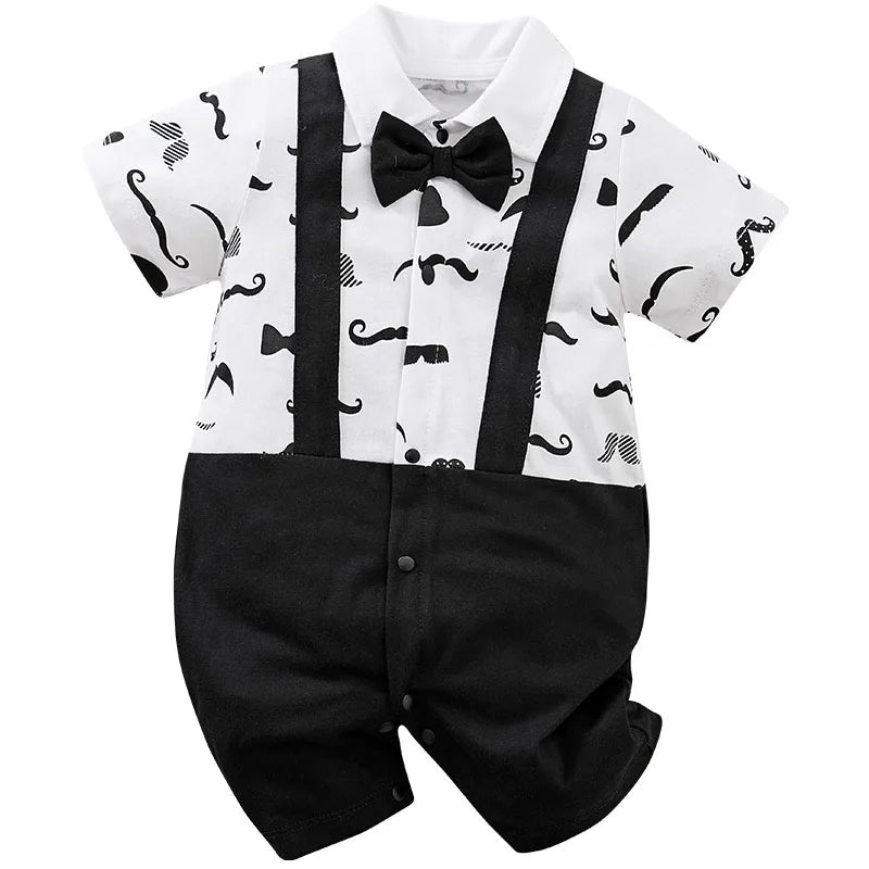Boys Cartoon Printed Clothes Short Sleeve Bow Tie Romper  Moustache Cotton Baby Gentleman
