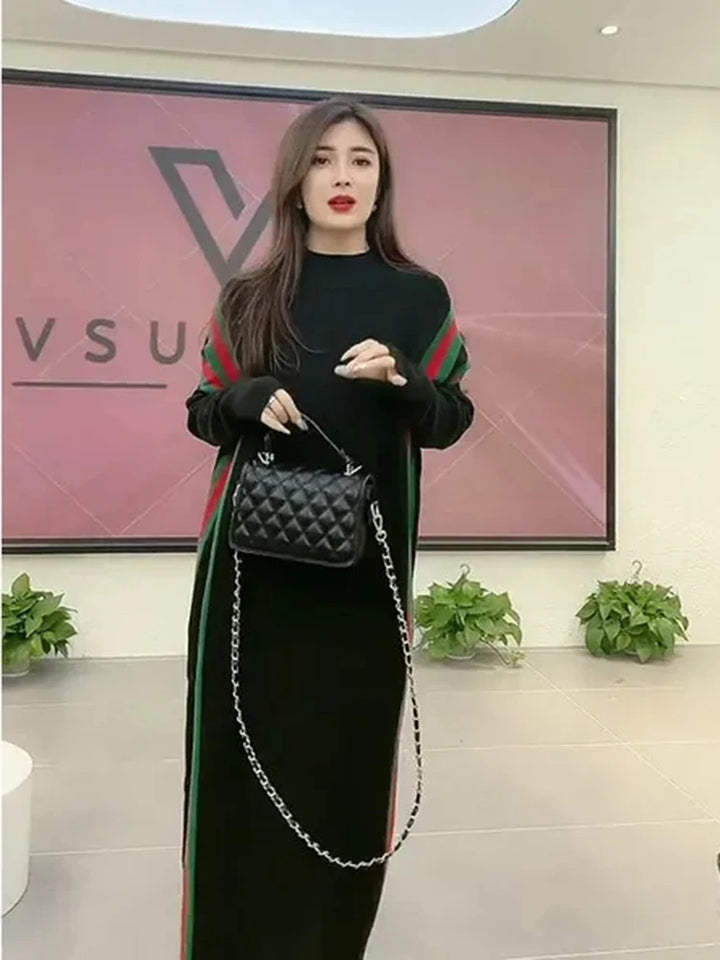 Casual Strip Knitwear Loose Midi Dresses  Elegant Half Turtleneck Knitted Dress Sweater