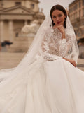 Glitter A-line Long Wedding Dress Modest High Collar Bride Robe Graceful Appliques Flower Bridal Gown Customized Robe De Mariée