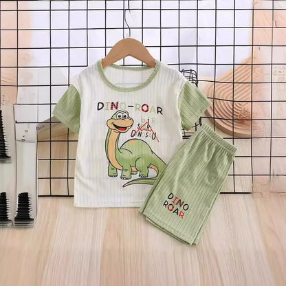 Kids Boys Girls Summer Breathable Pajamas Cartoon Dinosaur Short Sleeve T-Shirt Tops with Shorts Toddler Baby Clothing Sets