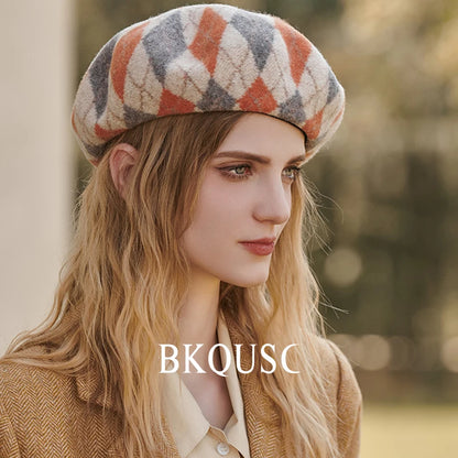 Elegant Pure Wool Vintage Beret Woman Luxury Hats Winter Caps