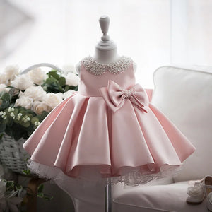 Toddler White Wedding Satin Princess Baby Girl Dress Bow 1 Year Birthday Evening Party Newborn Christening Dress for Girl Clothe