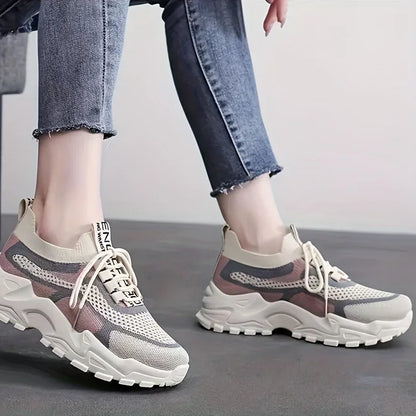 Woven Sneakers, Casual Lace Up Platform Shoes, Lightweight Mesh Low Top Running Shoes