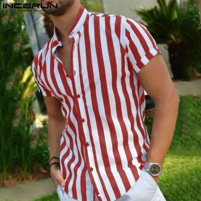 Men Striped Shirt Stand Collar Short Sleeve Casual Men