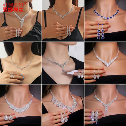 AINAMEISI Bridal Wedding Necklace Earrings Set Silver Rhinestone Necklace Bridal