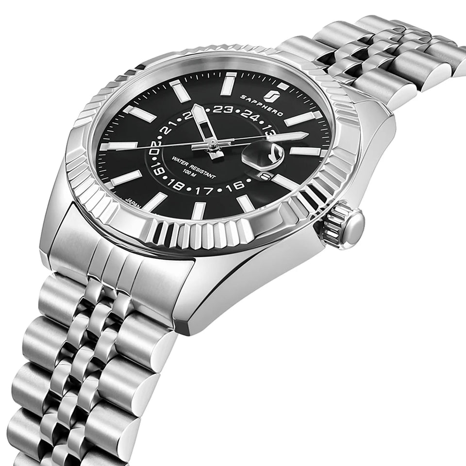 SAPPHERO Mens Watches luxury Business Stainless steel Wristwatch 100m Waterproof Bleu Quartz luminous Clock Gift for Men