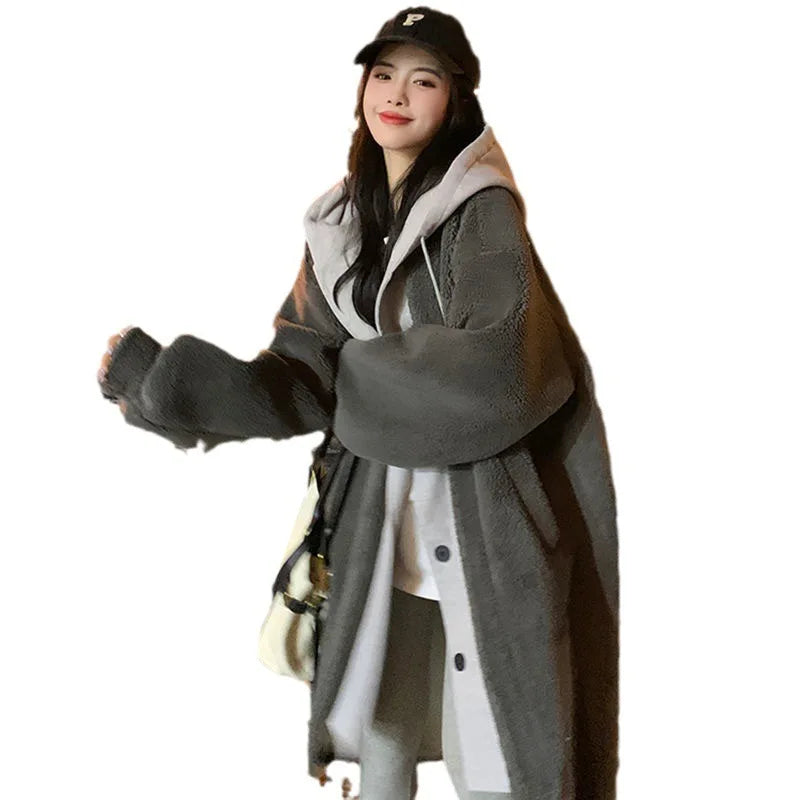 Chic Autumn and Winter New Long Hooded Single-breasted Coat Lambswool Joker Loose Fashion Coat Ins Style