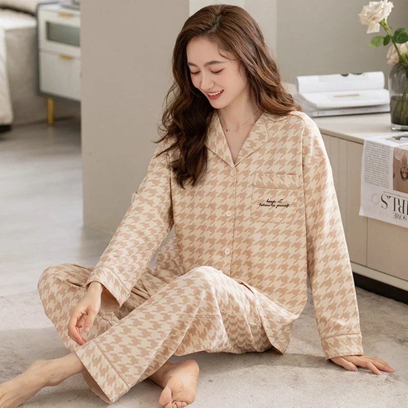 2025 Spring Couple Long Sleeve 100% Cotton Pajama Sets for Men Korean Loose Sleepwear Suit Pyjamas Women Homewear Home Clothes