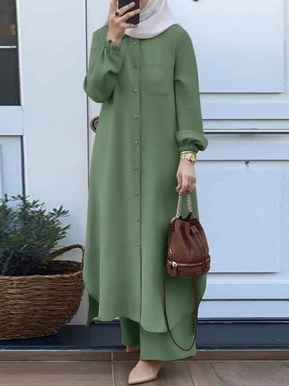 Vintage Muslim Suit Solid Color Lapel Neck Long Sleeve Blouse Pant Ramadan Islamic Clothing Fashion Casual Turkey Outifit