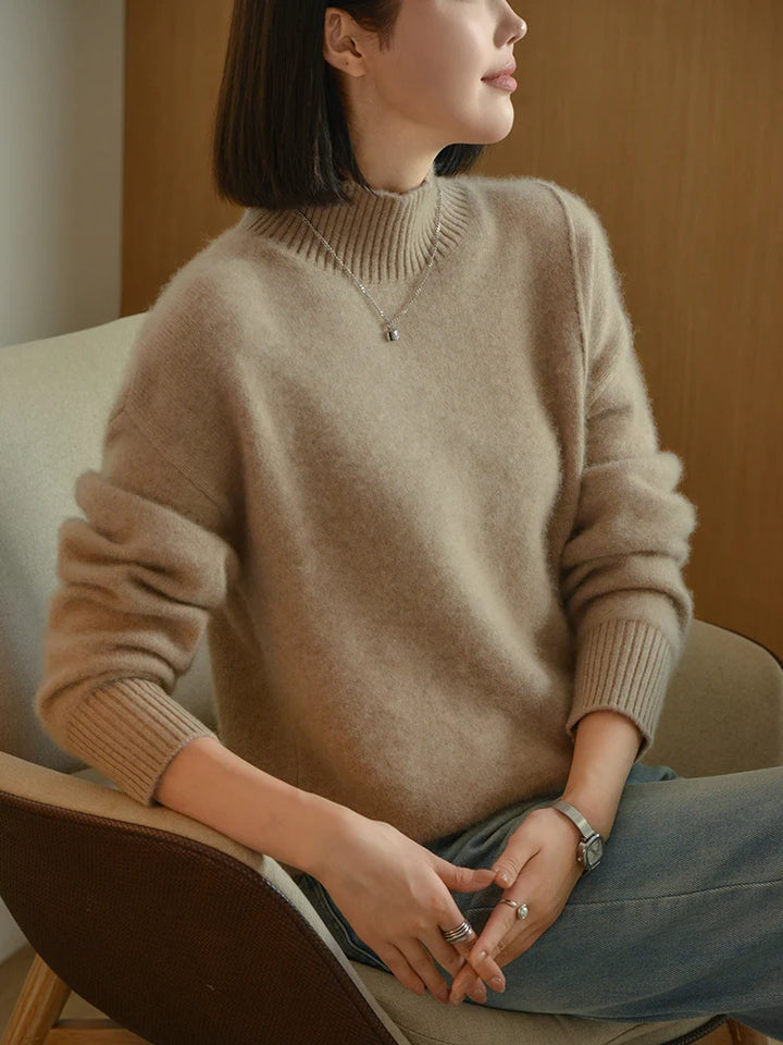100% Pure Wool Sweater Women's Autumn/Winter Half High Collar Solid Color