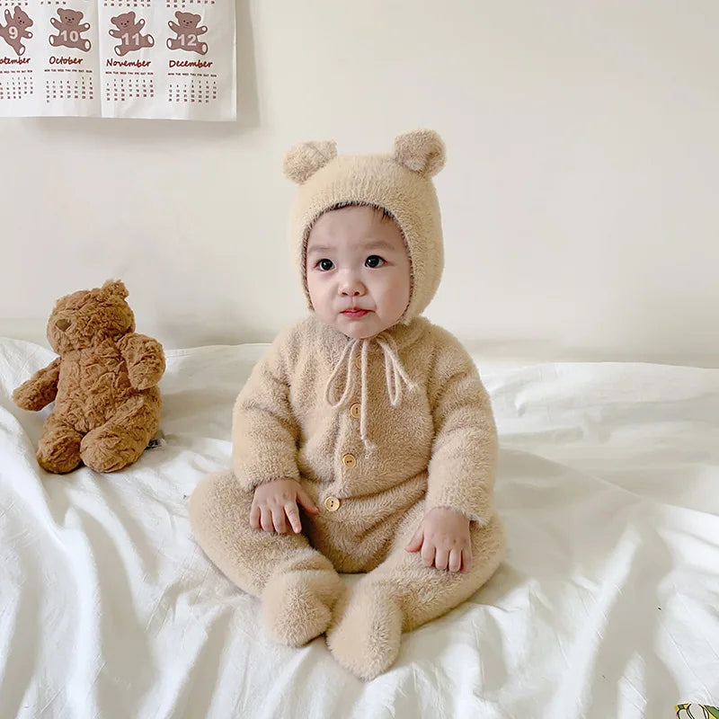 2Pcs Baby Winter Jumpsuits Hat Faux Fur Footed Newborn Romper for Girls Boys Clothes Soft Warm Toddler Outfit Set Kids Clothing
