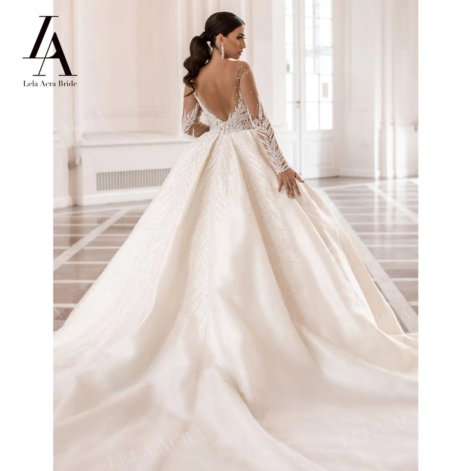 LelaAcra Long Sleeve Wedding Dress 2025 Sweetheart Beaded Backless A-Line Princess Bride Gown SM72 Plus Size Vestido de Noiva
