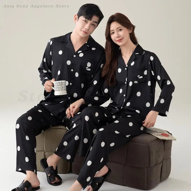 Spring Summer Couple Pajamas Set Women's Long Sleeved Home Clothes Men's Satin Black Sleepwear Loose Casual Nightwear Loungewear