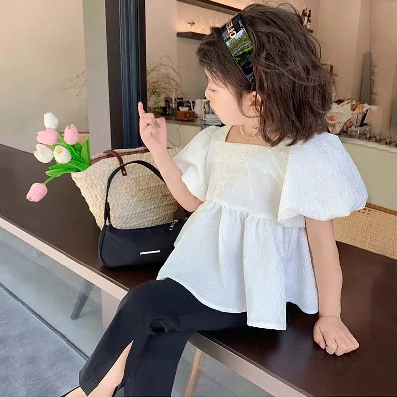 Girls Set Sweet Square Neck Bubble Backless Top with Side Split Flare Pants