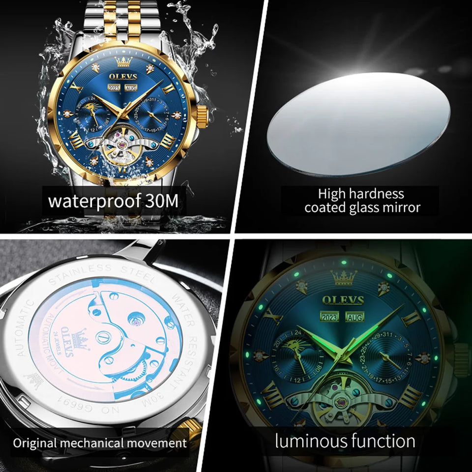 OLEVS Skeleton Multifunctional Men's Watch Automatic Mechanical Luxury Wrist Watch For Men Waterproof Stainless Steel Strap 6691