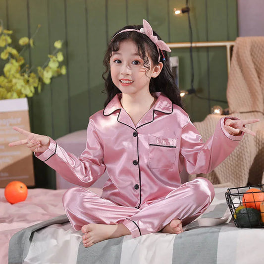 Girls Satin Pajamas Summer Spring Autumn Long/Short Sleeve Pijama  Children Sleepwear Loungewear