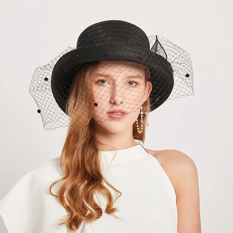 New hapeau femme luxe ceremonie mariage curling mesh top women hat