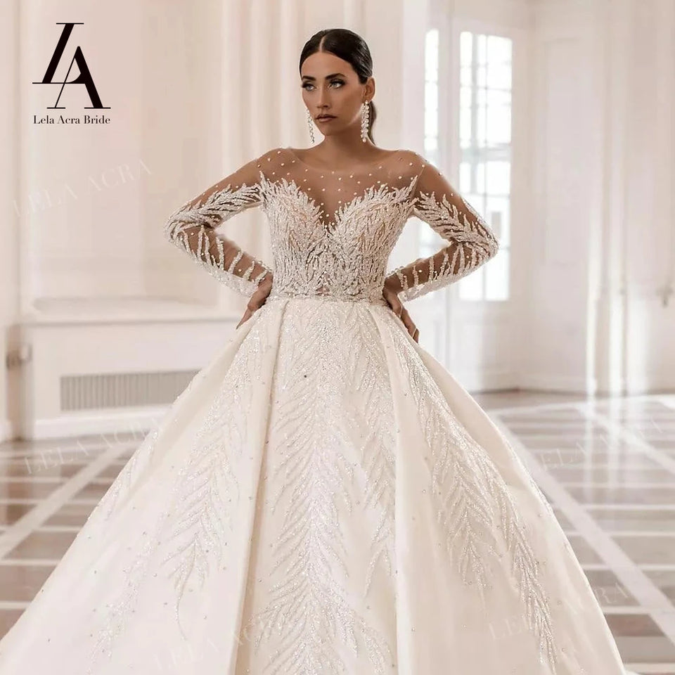 LelaAcra Long Sleeve Wedding Dress 2025 Sweetheart Beaded Backless A-Line Princess Bride Gown SM72 Plus Size Vestido de Noiva