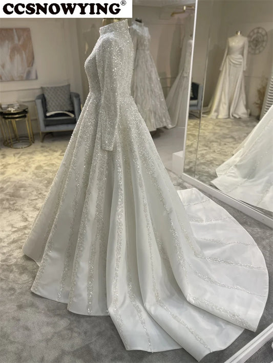 Luxury Satin Appliques Wedding Dress for Bride Long Sleeve High Neck